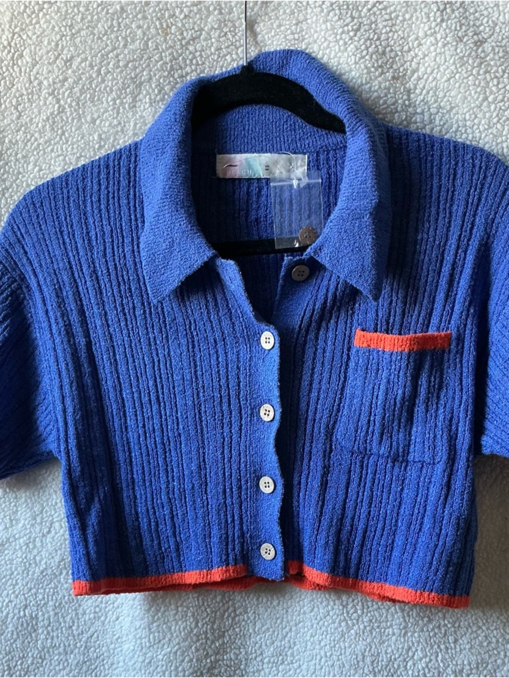 Free People Blue Ribbed Cropped Cardigan with Orange Trim